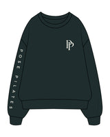The Mens Crewneck - Pine Green - Pose Pilates - Right Sleeve & Left Chest - Off White