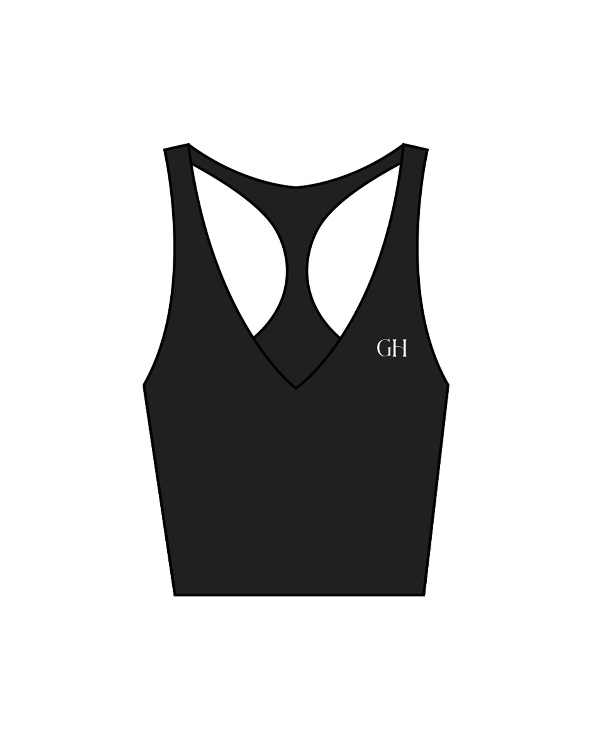 The Racer Tank - Black - Golden Hour Pilates - Left Chest - "GH" Logo - Printed - White