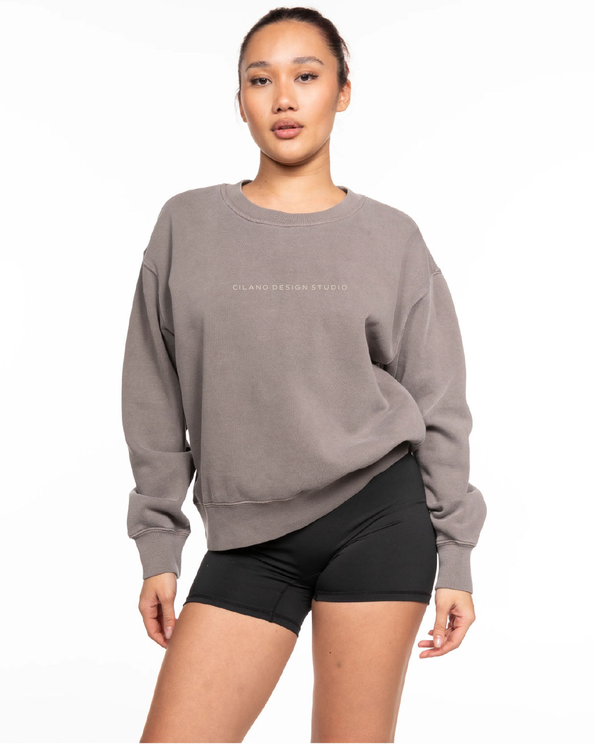 The Womens Crewneck - Washed Gray - Cilano Design Studio - Center Chest - Printed - Off White