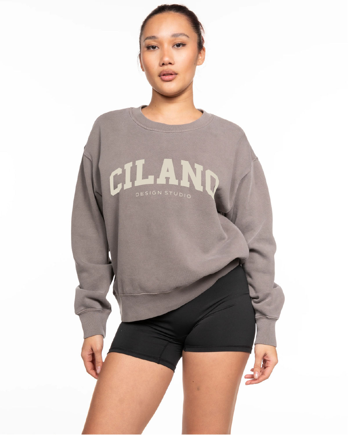 The Womens Crewneck - Washed Gray - Cilano Design Studio - Center Chest Arc Stacked - Printed - Off White
