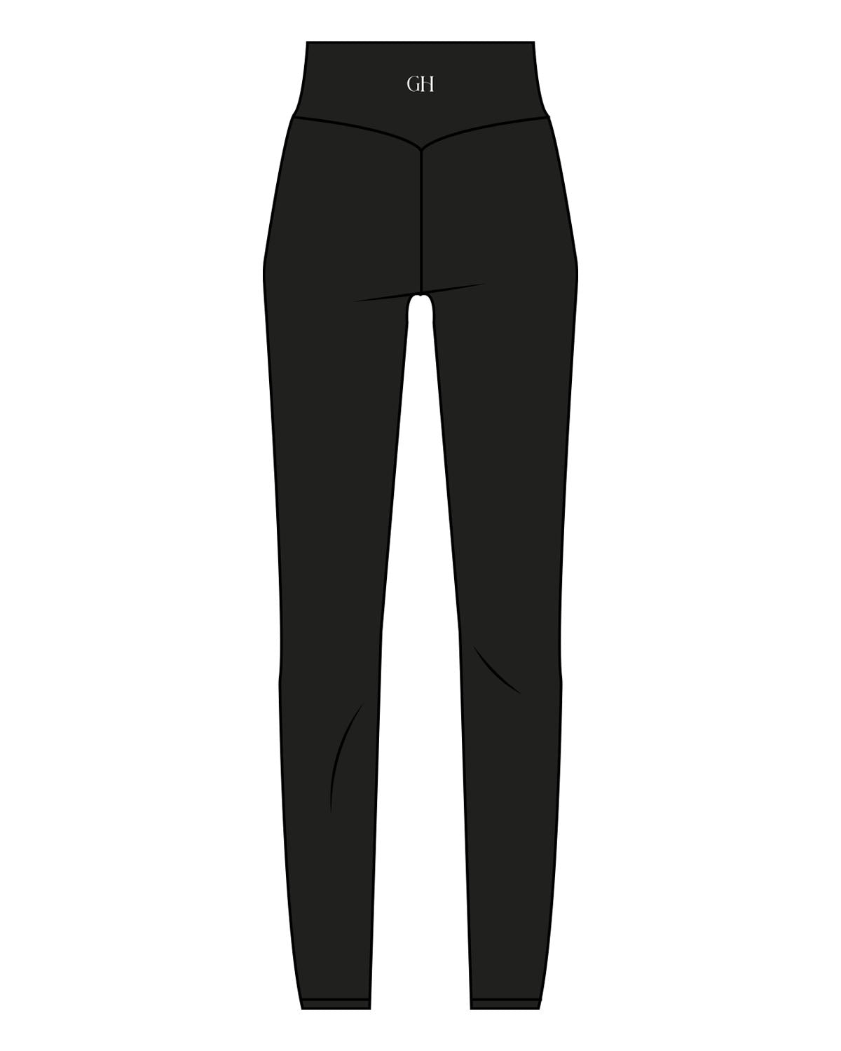 The Basic Legging - Black - Golden Hour Pilates - Back Waistline - "GH" Logo - Printed - White