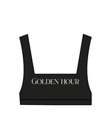 The Box Cut Bra - Black - Golden Hour Pilates - Center Chest - Back - "GH" - Printed - White