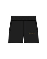 The Womens Sweat Shorts - Black - Evolve Spa - Left Leg - Below Pocket - Embroidered - Gold