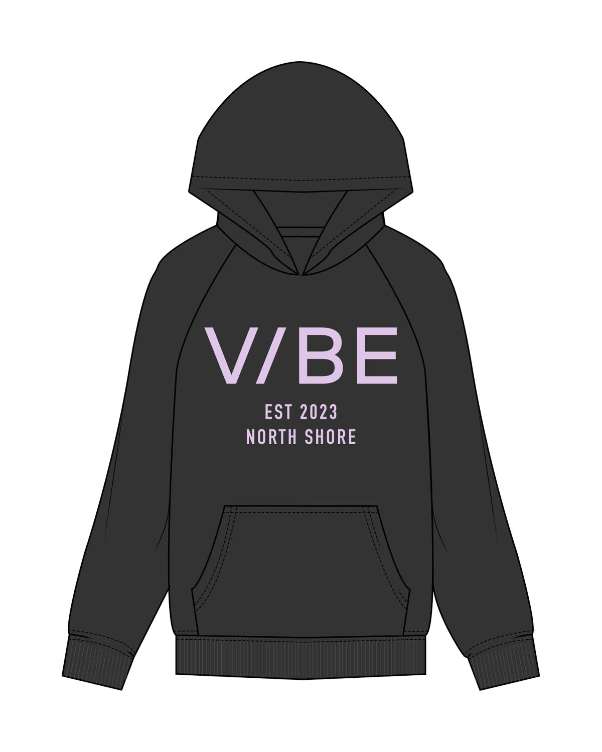 The Womens Hoodie - Washed Black - The Vibe - Center Chest Stacked - Printed - Lavender