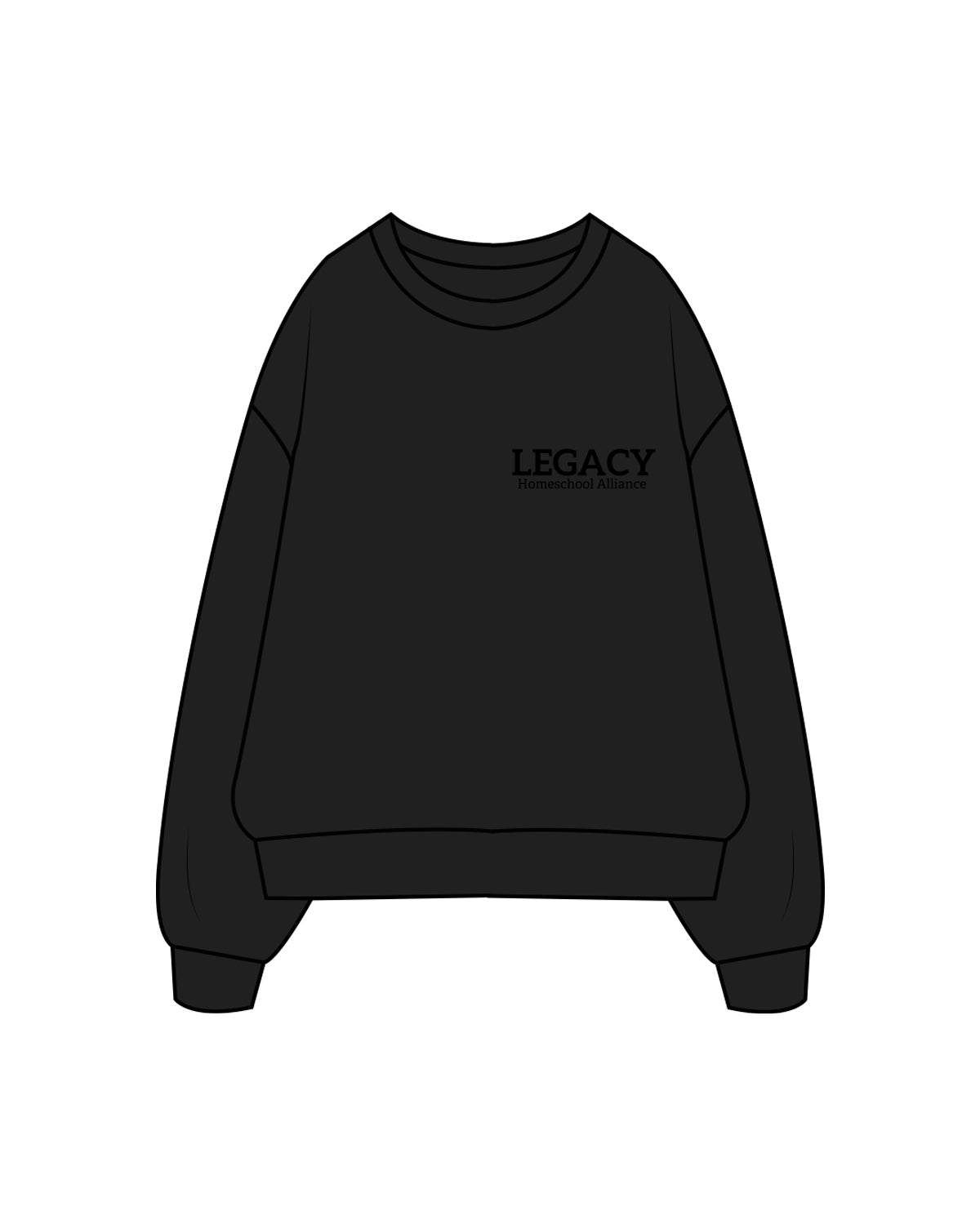 The Mens Crewneck - Black - Legacy Alliance - Left & Back Center Stacked - Tone on Tone