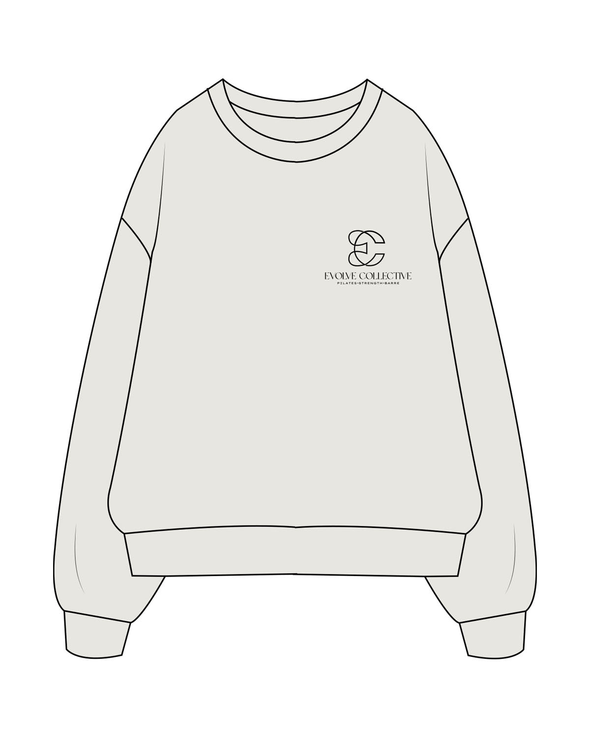 The Womens Crewneck - Washed Bone - Evolve Collective - Left Chest Stacked - Printed - Black