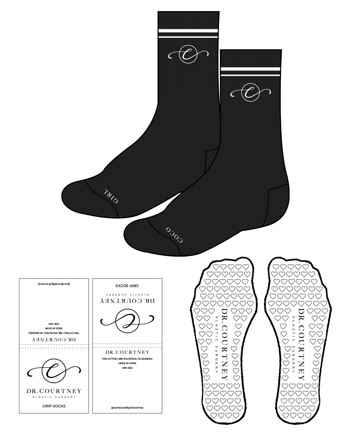 The Crew Sock - Black - Dr. Courtney - 2 Lines - Center C - Bottom Text - White - Heart Shape Grip - White