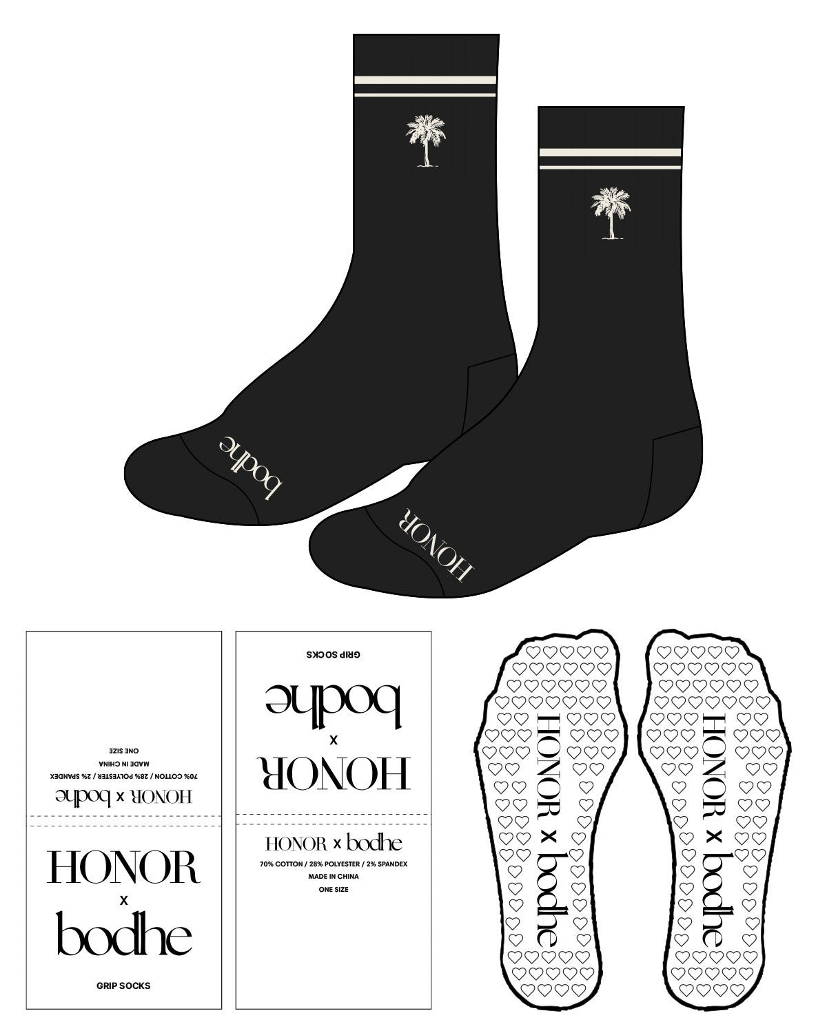 The Crew Sock - Black - Honor x Bodhe - Front & Top Border - Transparent Heart Grip - Off White