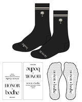 The Crew Sock - Black - Honor x Bodhe - Front & Top Border - Transparent Heart Grip - Off White
