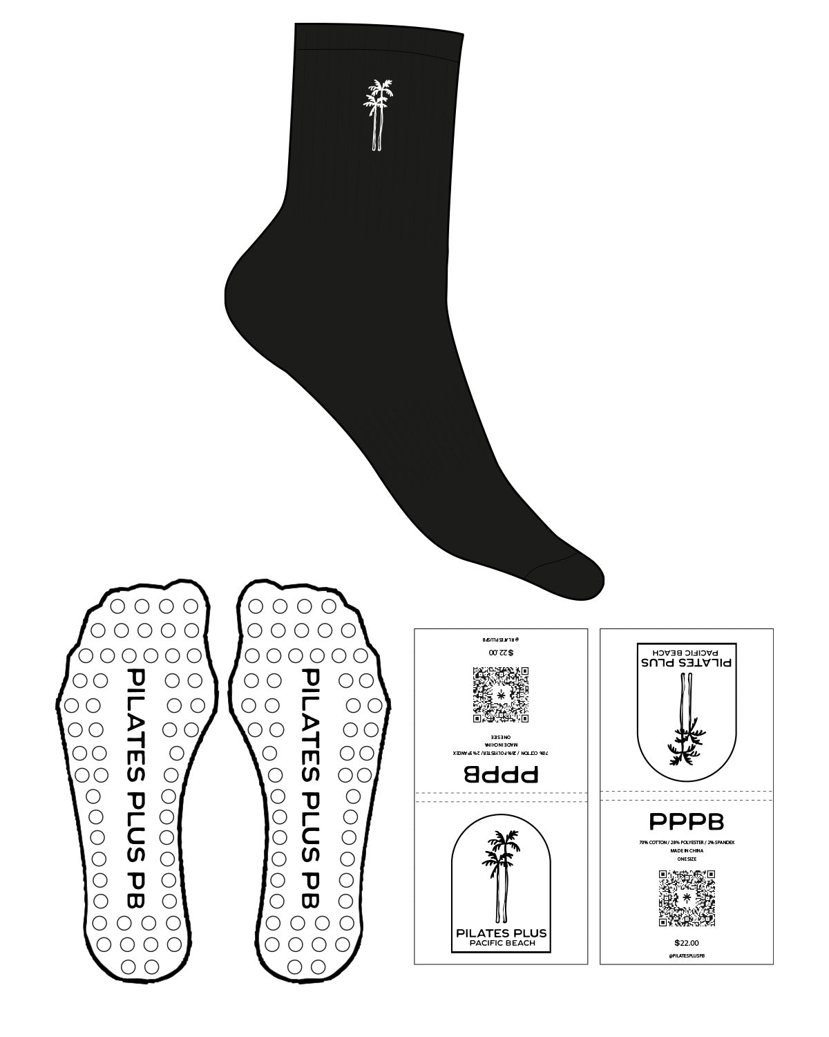 The 3/4 Crew Sock - Black - Pilates Plus PB - Top Icon - White - Embroidered - Circle Shape Grip - White