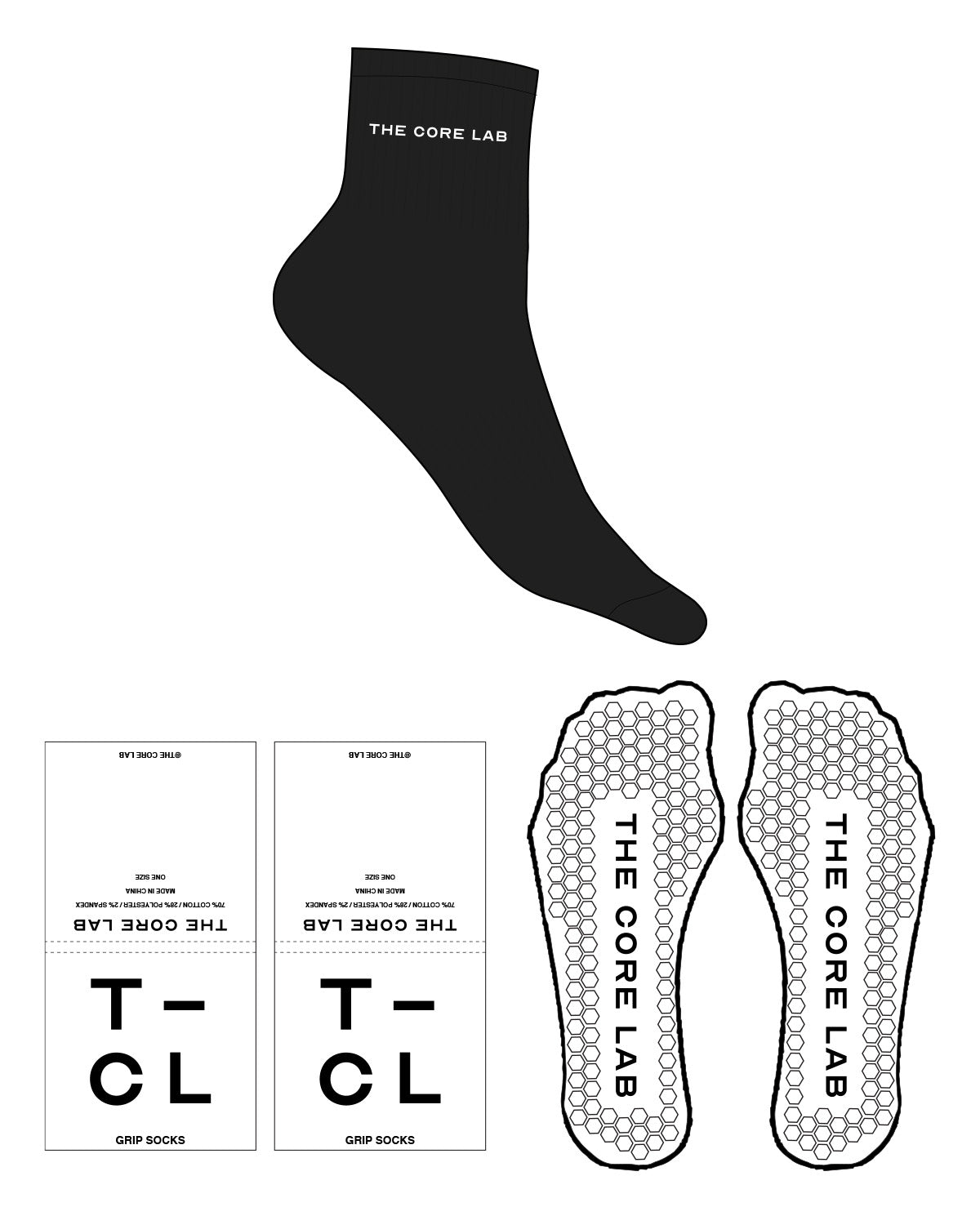 The 1/2 Crew Sock - Black - Core Lab - Top Logo - White - Hexagon Shape Grip - White