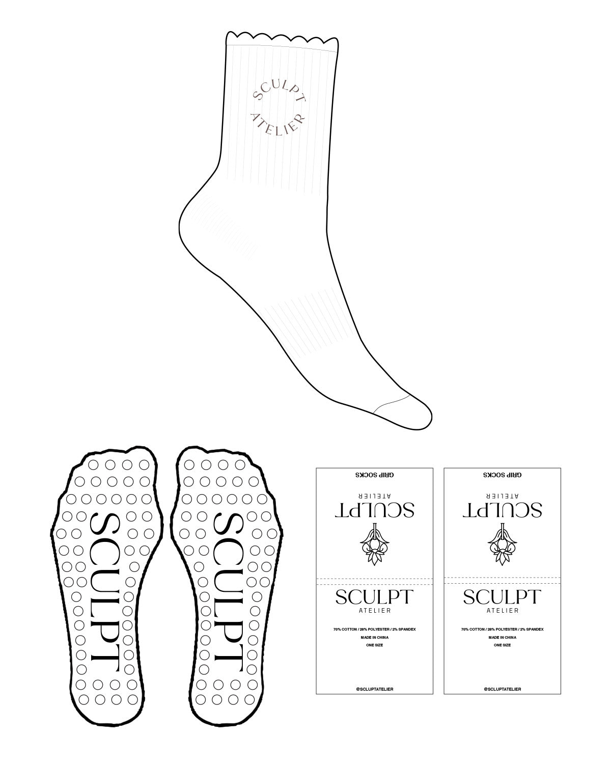 The 3/4 Crew Sock - White - Sculpt Atelier - Ankle - Brown Circle Grip - Brown