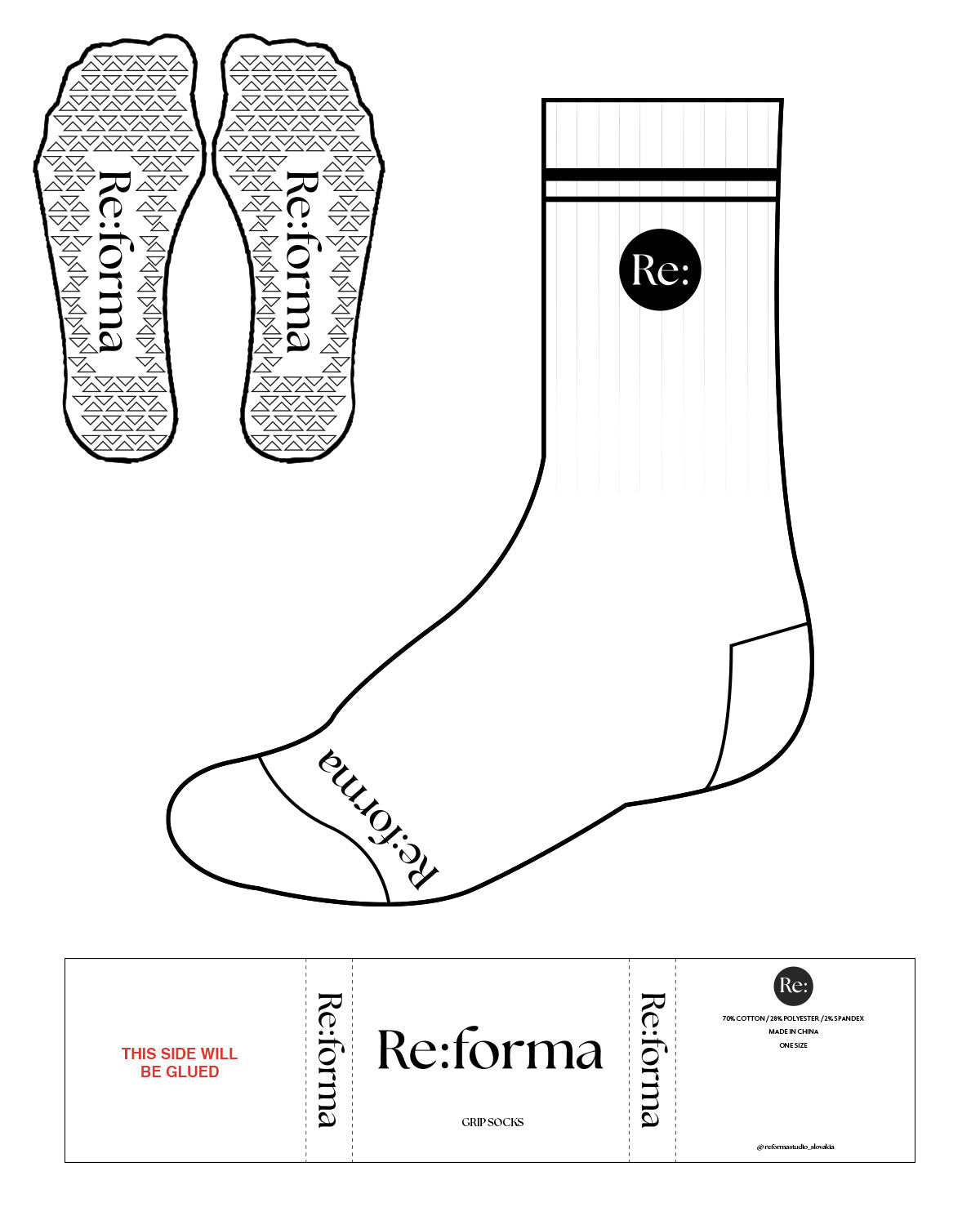 The Crew Sock - White - Re:forma - Tip & Top Border - Black Triangle Grip - Black