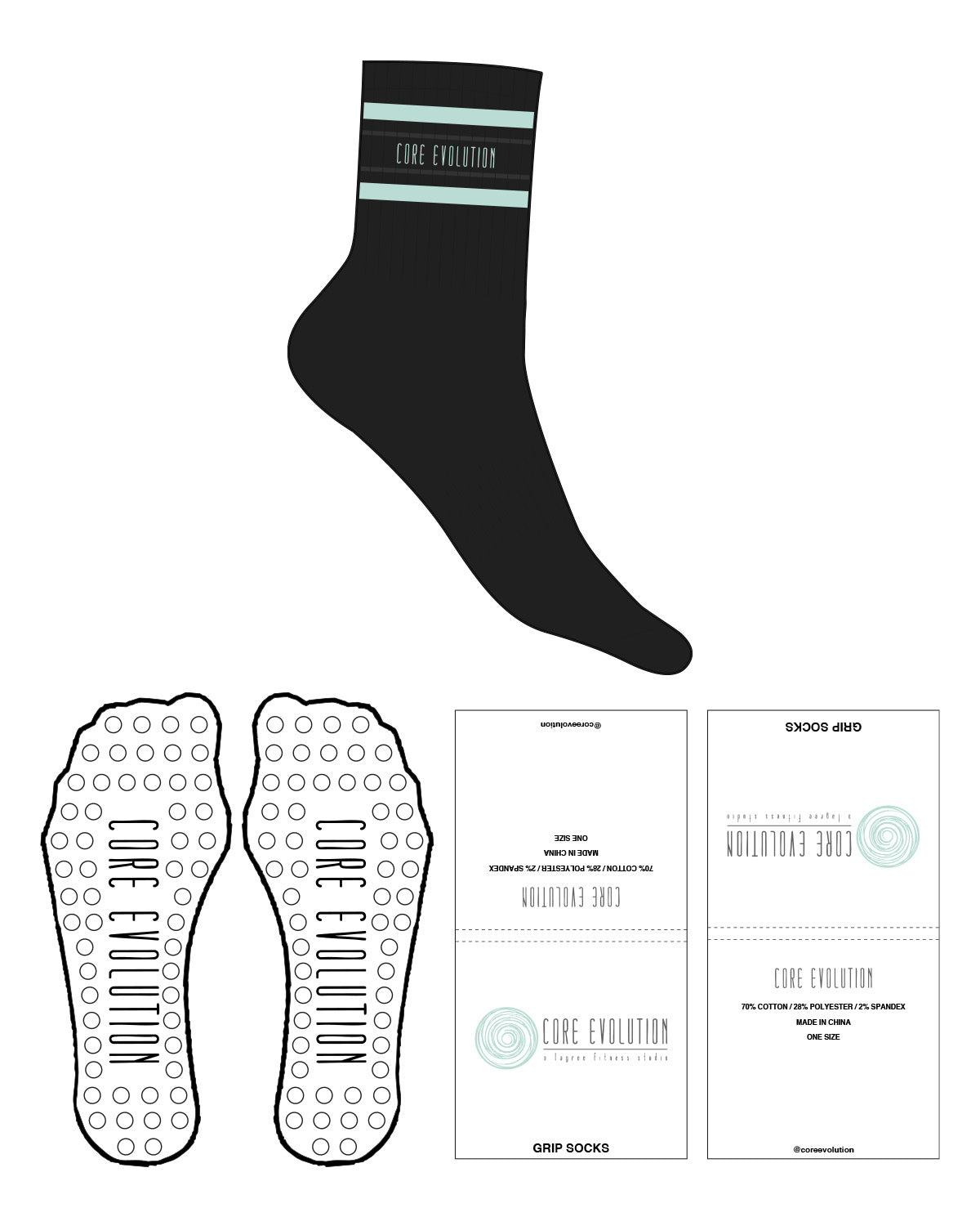 The 3/4 Crew Sock - Black - Core Evolution - Top with Border "CORE EVOLUTION" & Circle Shape Grip - Teal