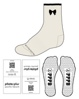 The 3/4 Crew Sock - Off White - Pilates Plus PB - Front & Top ''RIBBON'' - Heart Grip - Black
