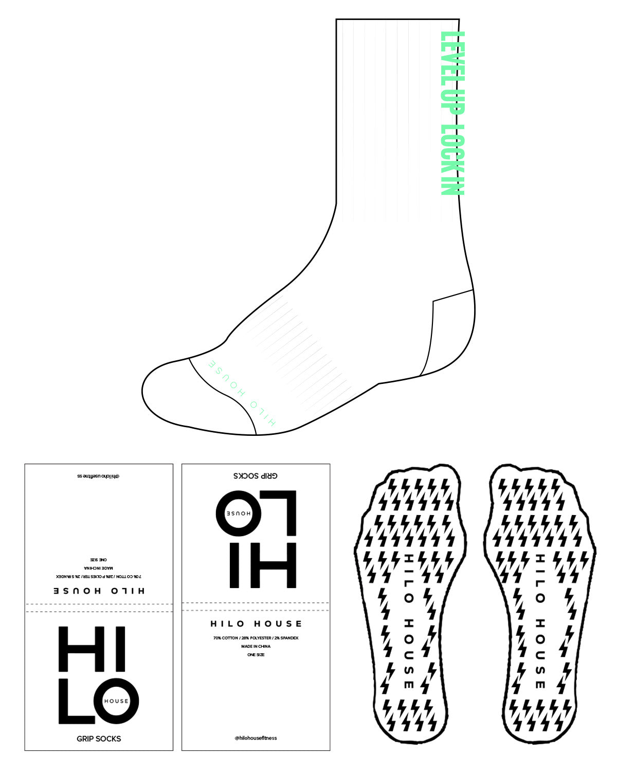 The Crew Sock - White - HiLo - Tip & Back- Transparent Lightning Bolt Grip - Neon
