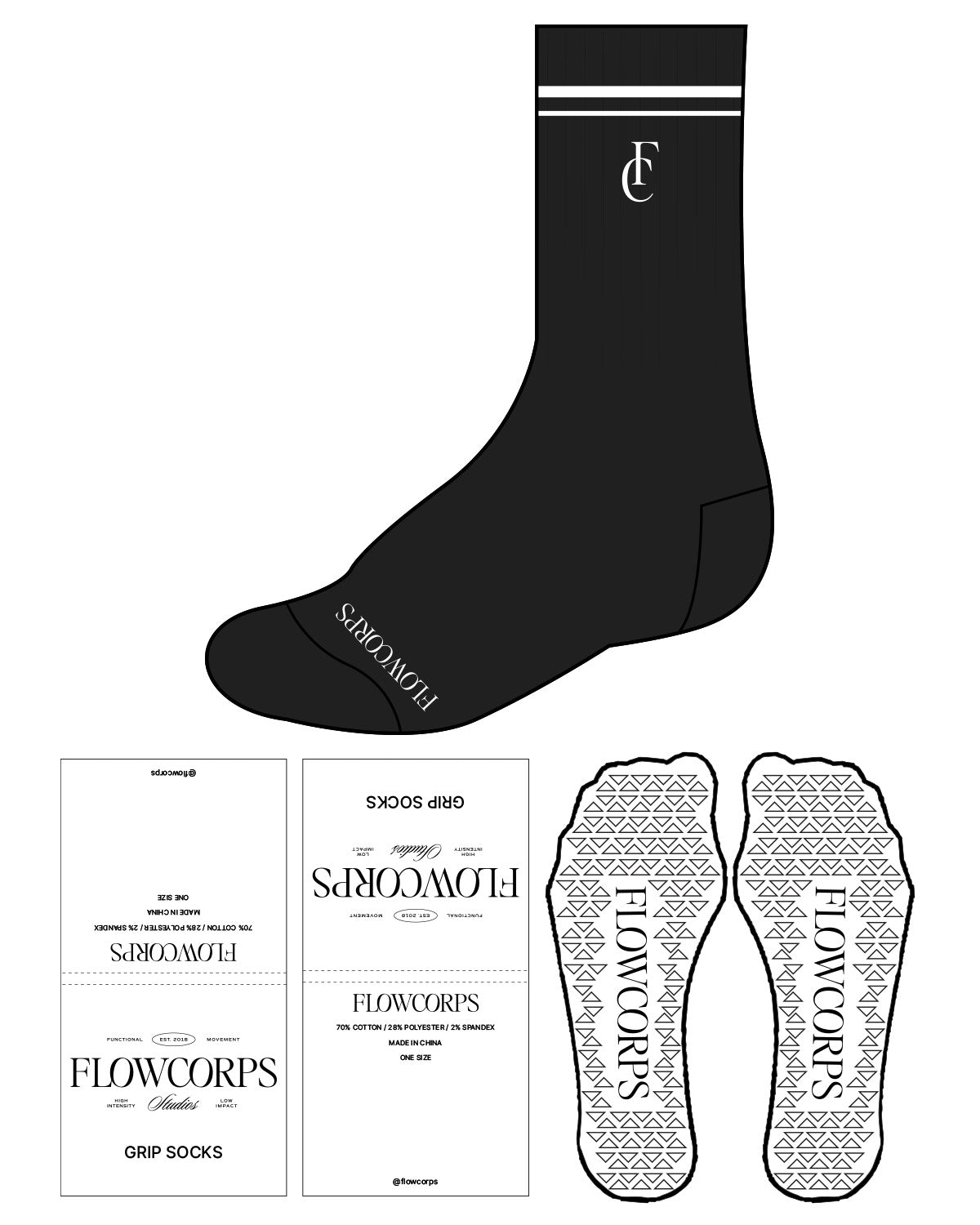 The Crew Sock - Black - Flowcorps - Tip & Top Border - Triangle Grip - White