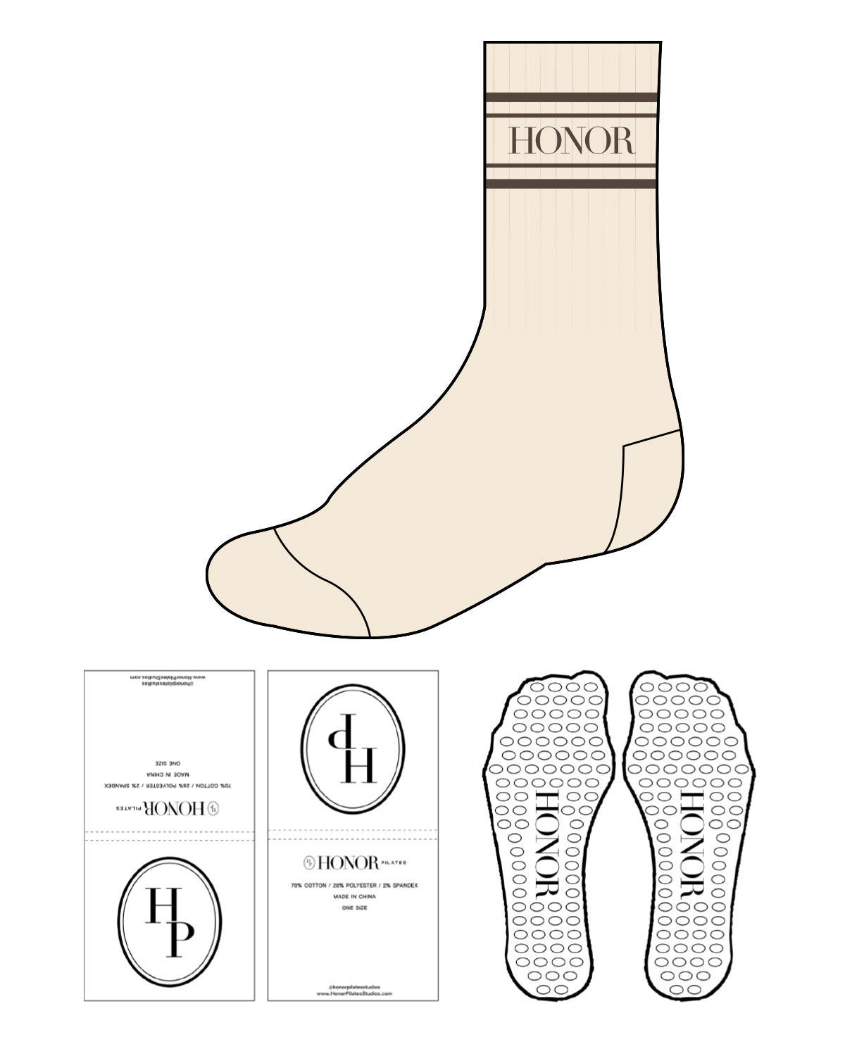 The Crew Sock - Cream - Honor Pilates - Top Dual Border & Oval Grip - Cream