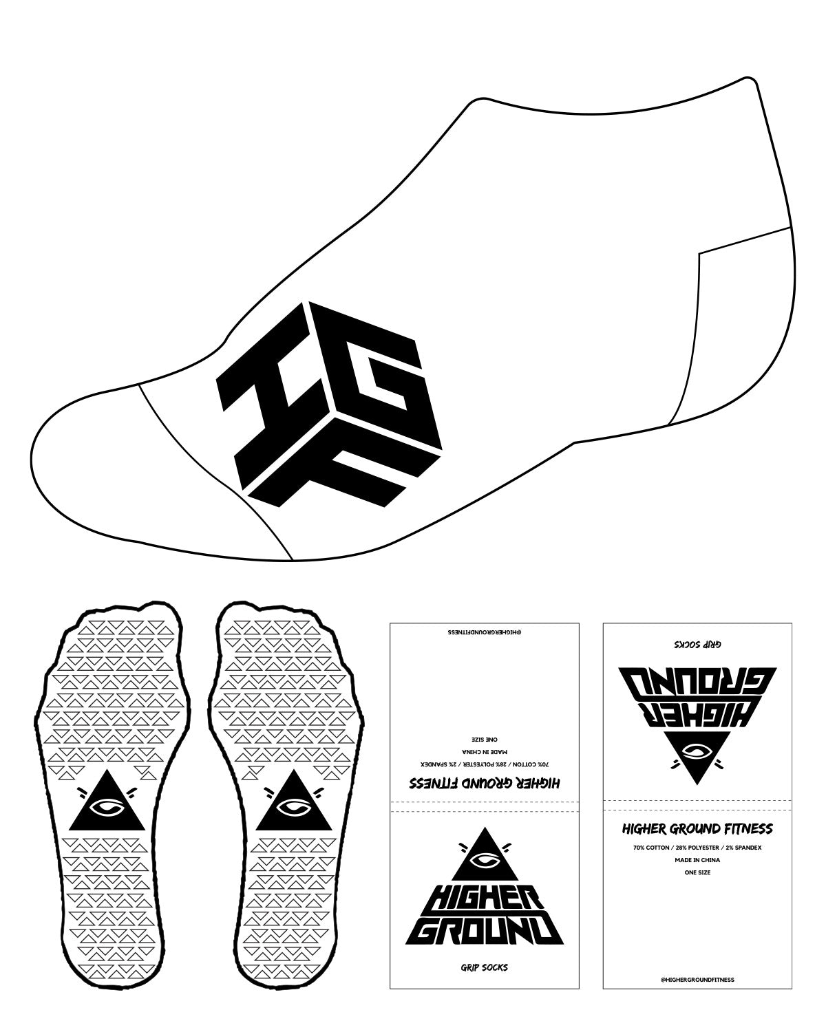 The Ankle Sock - White - Higher Ground - Bottom Front - Black Logos - Triangle Grips - Black