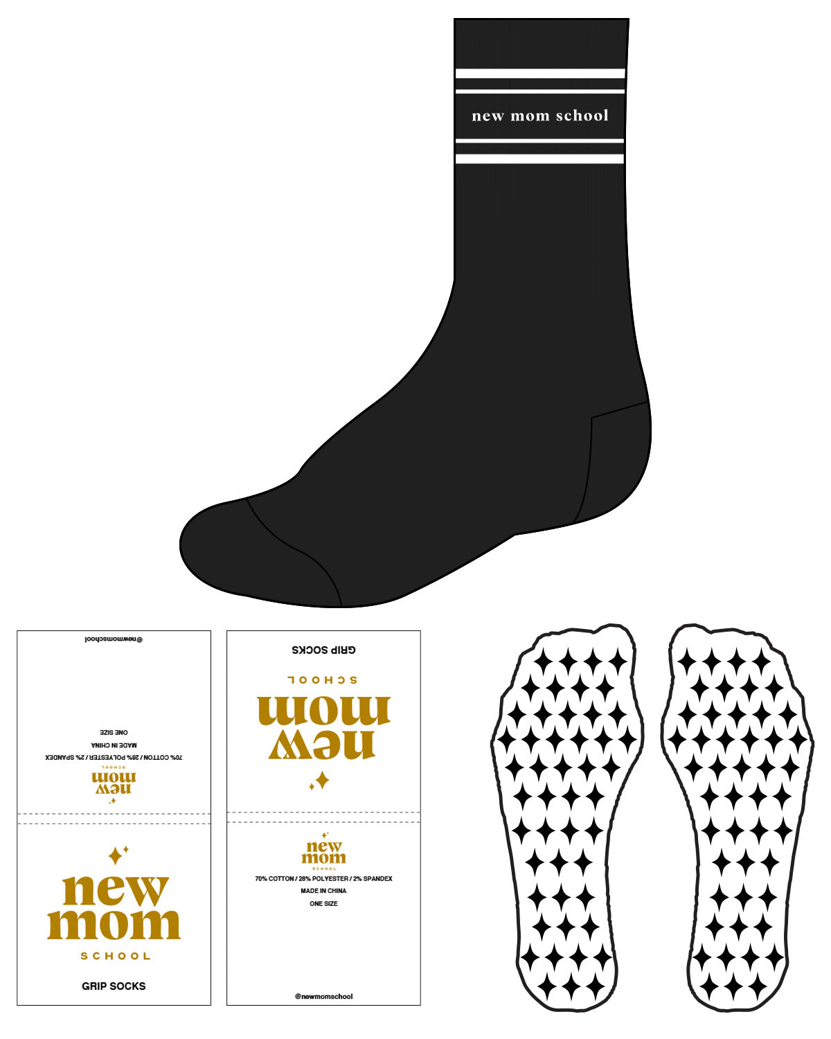 The Crew Sock - Black - New Mom School - Top Dual Border & Star Grip - White