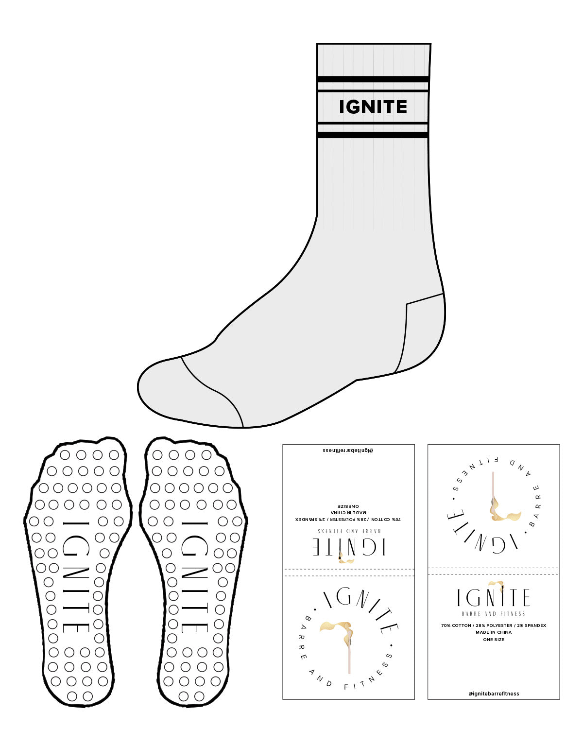 The Crew Sock - Heather - Ignite Barre & Fitness - 4 Strips - IGNITE Logo in Middle - Black - Circle Shape Grip - Transparent