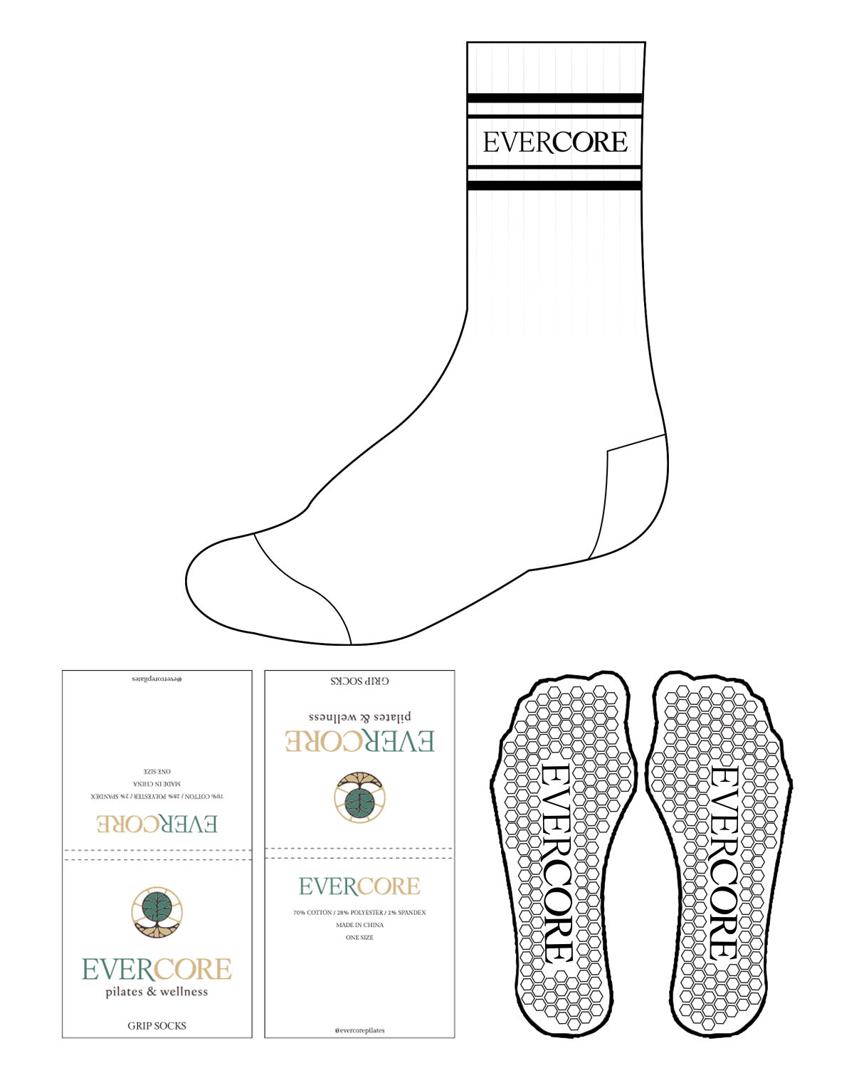 The Crew Sock - White - EVERCORE - Top Dual Lining & Hexagon Grip - Black