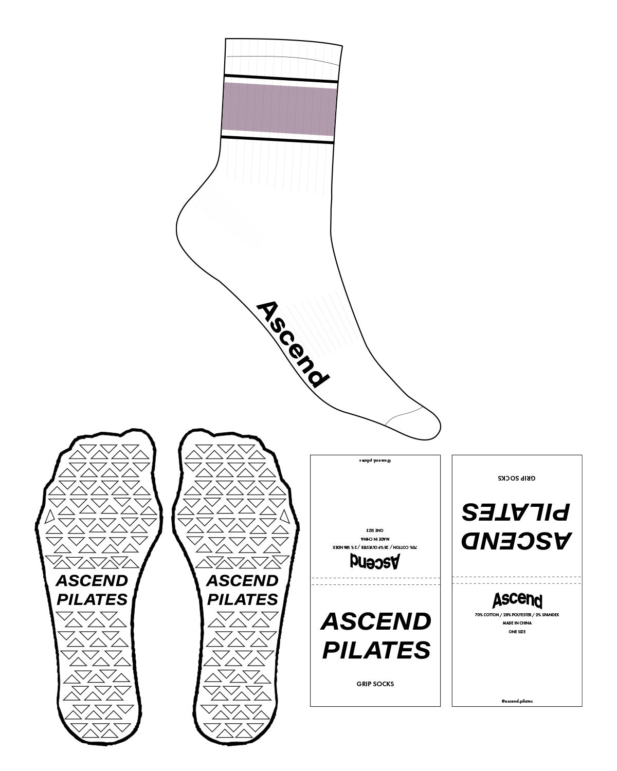 The 3/4 Crew Sock - White - Ascend Pilates - Side Bottom - White Triangle Grips - Full Color