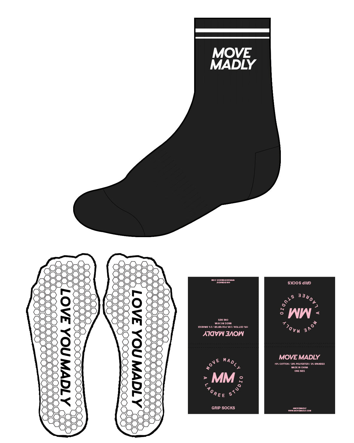 The 3/4 Crew Sock - Black - Move Madly - 2 Lines - Center Stacked - White - Hexagon Shape - Grip - White