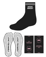 The 3/4 Crew Sock - Black - Move Madly - 2 Lines - Center Stacked - White - Hexagon Shape - Grip - White