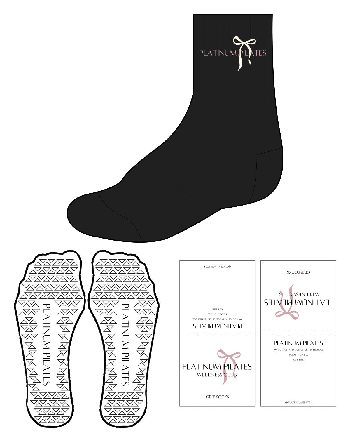 The 3/4 Crew Sock - Black  - Platinum Pilates - Top Center Ribbon - Full Color - Triangle Shape Grip - White