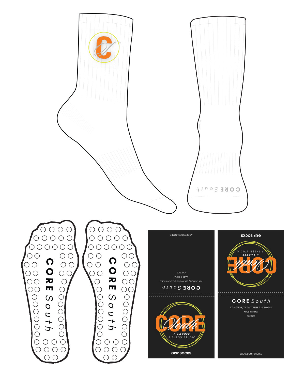 The Crew Sock - White - Core South Lagree - Front and Top Logo - Full Color - Circle Shape Grip - Transparent