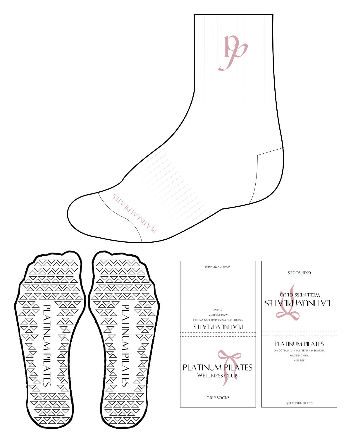 The 3/4 Crew Sock - White - Platinum Pilates - Top Center Initials & Bottom - Pink - Triangle Shape Grip - Pink