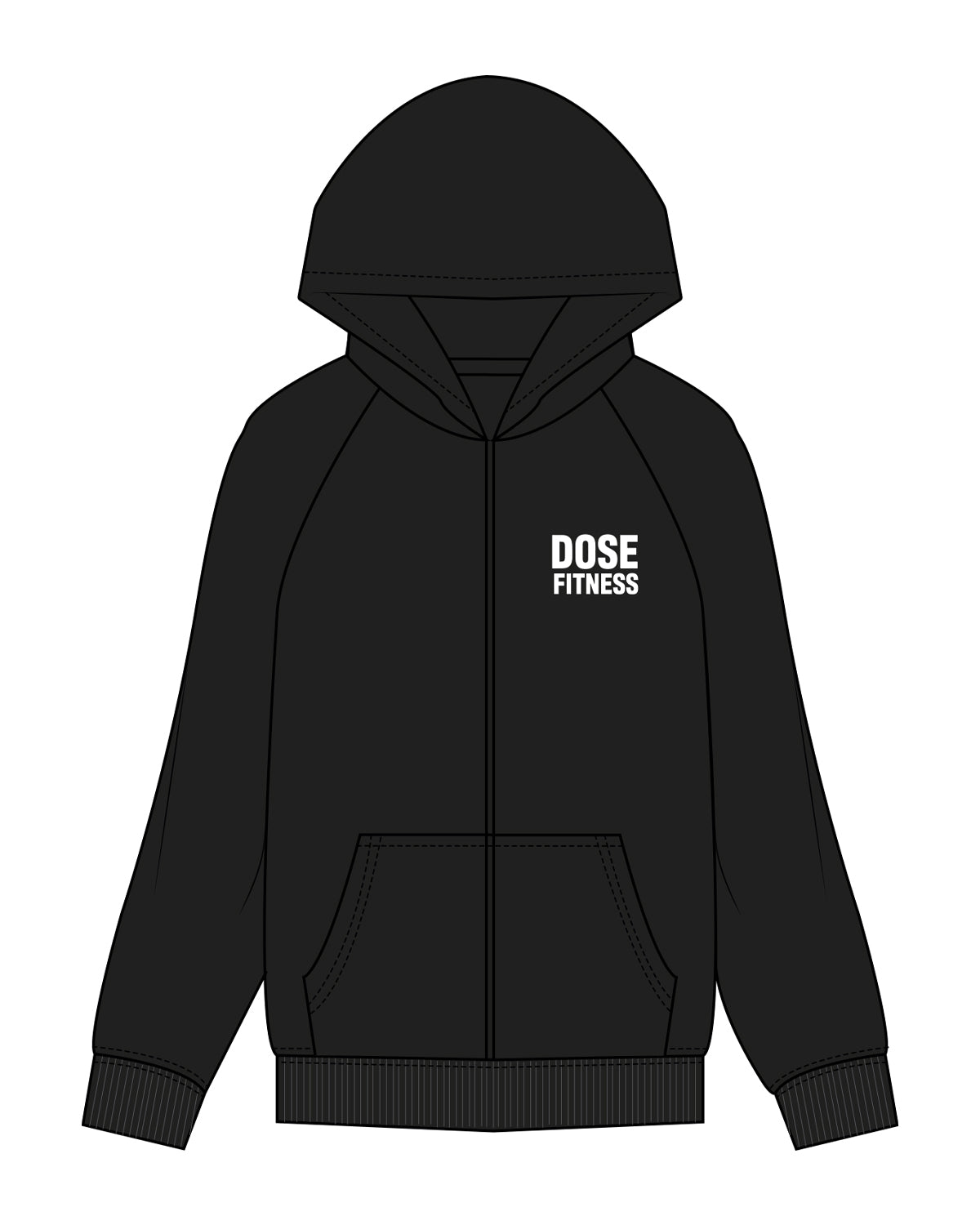 The Mens Zip Hoodie - Black - Dose - Left Chest Stacked & Back Stacked - White