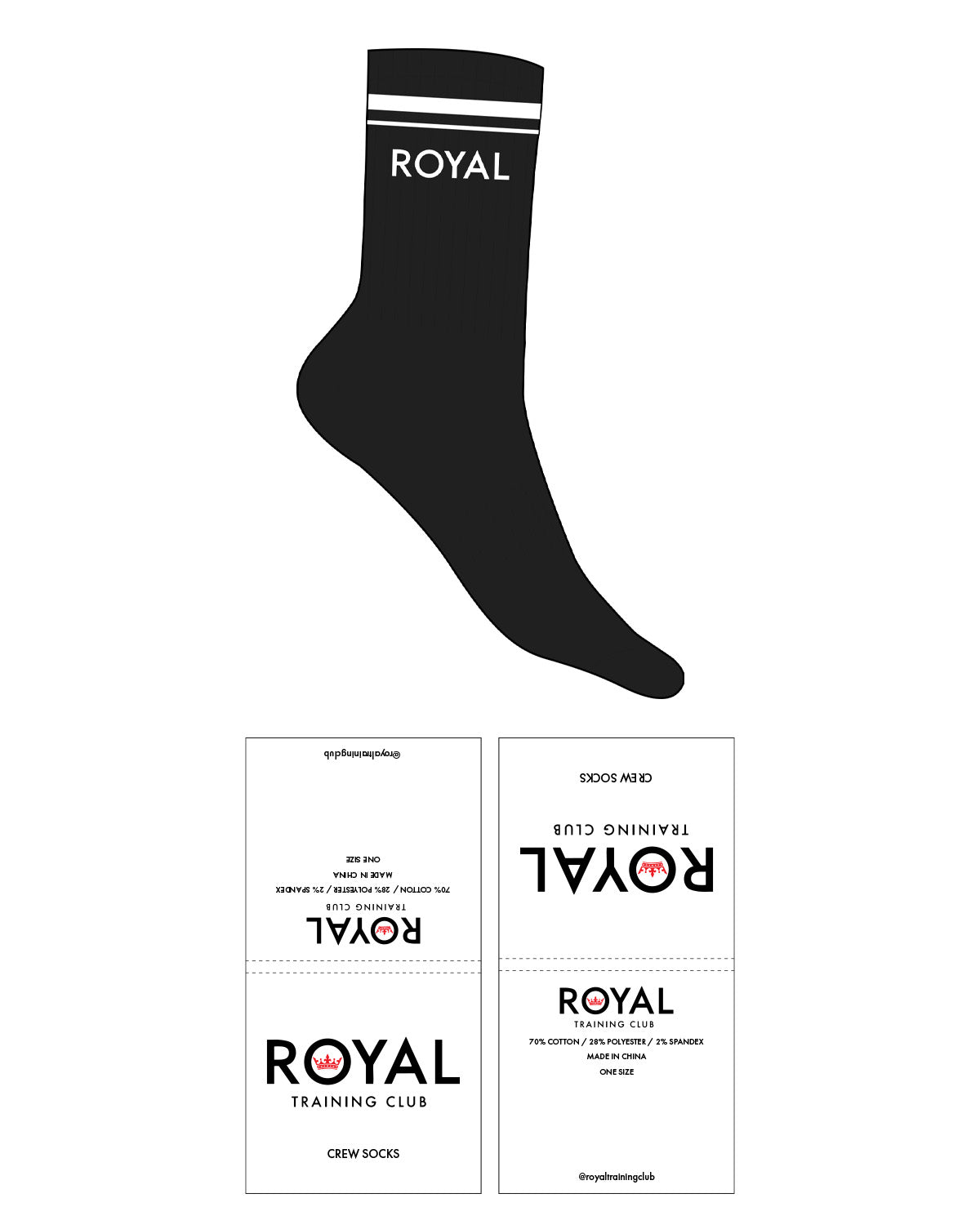 The Crew Sock - Black - Royal Training Club - 2 Strips - Top "ROYAL" Logo - White