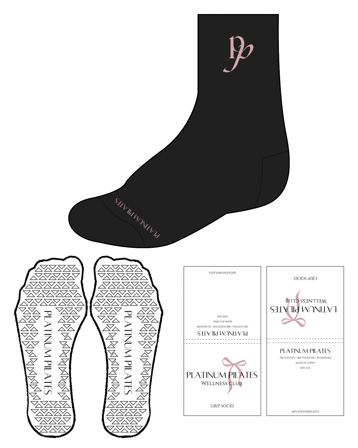The 3/4 Crew Sock - Black  - Platinum Pilates - Top Center Initials & Bottom - Pink - Triangle Shape Grip - Pink
