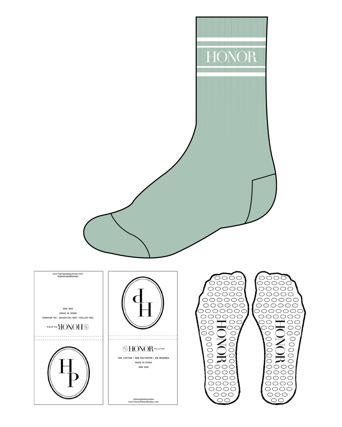 The Crew Sock - Sage - Honor Pilates - Top Dual Border & Oval Grip - White