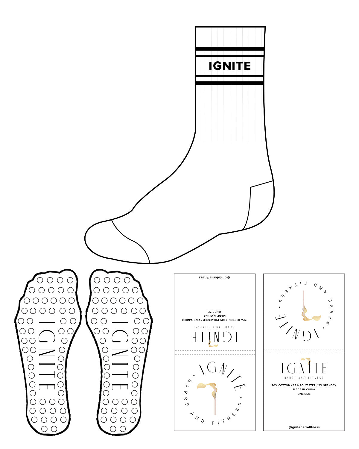 The Crew Sock - White - Ignite Barre & Fitness - 4 Strips - IGNITE Logo in Middle - Black - Circle Shape Grip - Black
