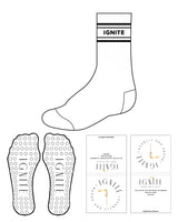 The Crew Sock - White - Ignite Barre & Fitness - 4 Strips - IGNITE Logo in Middle - Black - Circle Shape Grip - Black