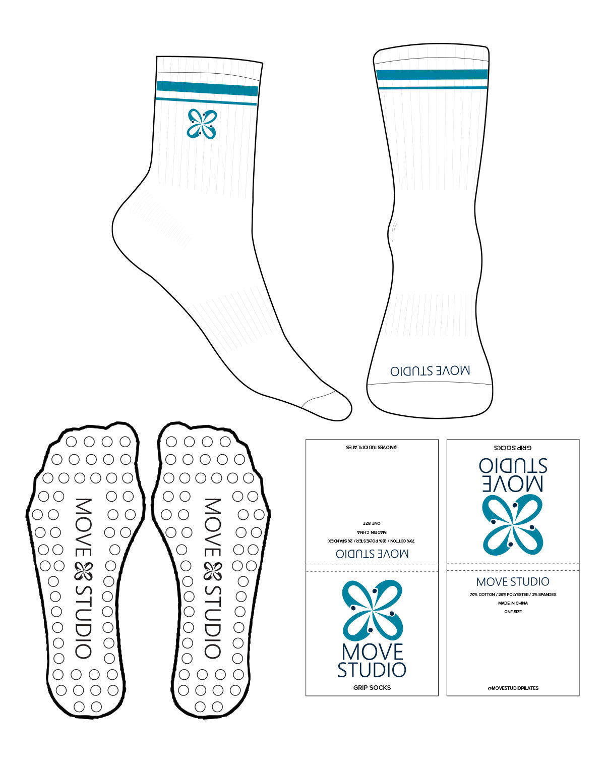 The 3/4 Crew Sock - White - Move Studio Pilates - Dual Strip - Toe & Ankle - Blue Circle Grip - Blue