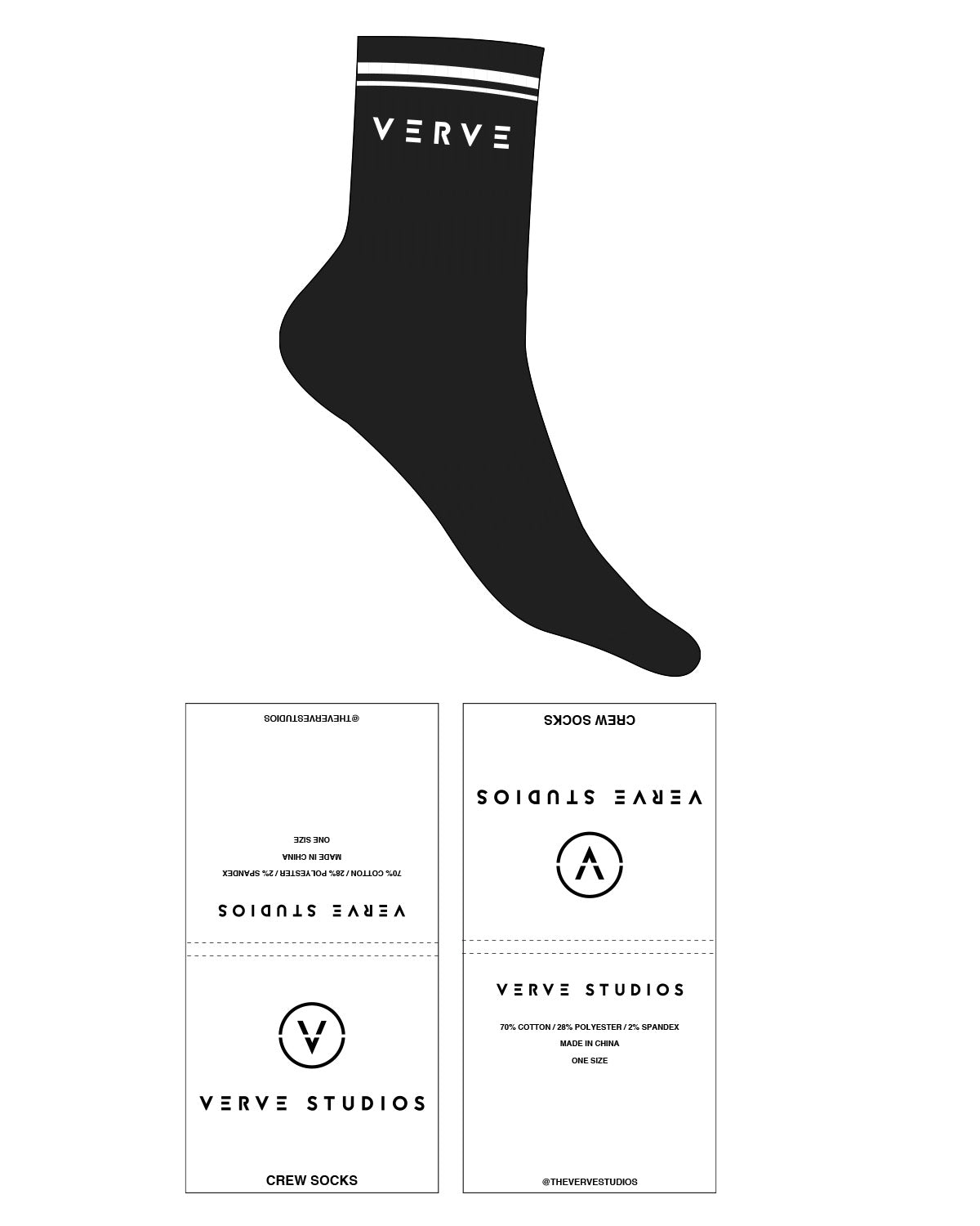 The 3/4 Crew Sock - Black - Verve Studios - Top Text- Dual Stripes - White