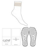 The 3/4 Crew Sock - White - GlowPilates - Top Logo - Tan - Triangle Shape Grip - Tan