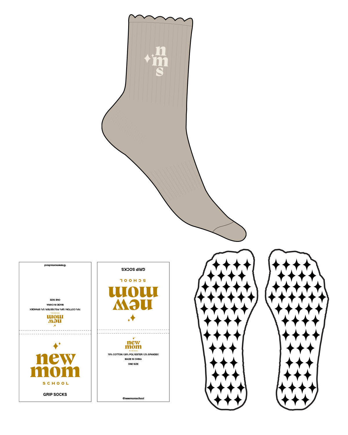 The 3/4 Crew Sock - Tan - New Mom School - Top Logo "NMS" - Off White - L118 - Star Shape Grip - Transparent