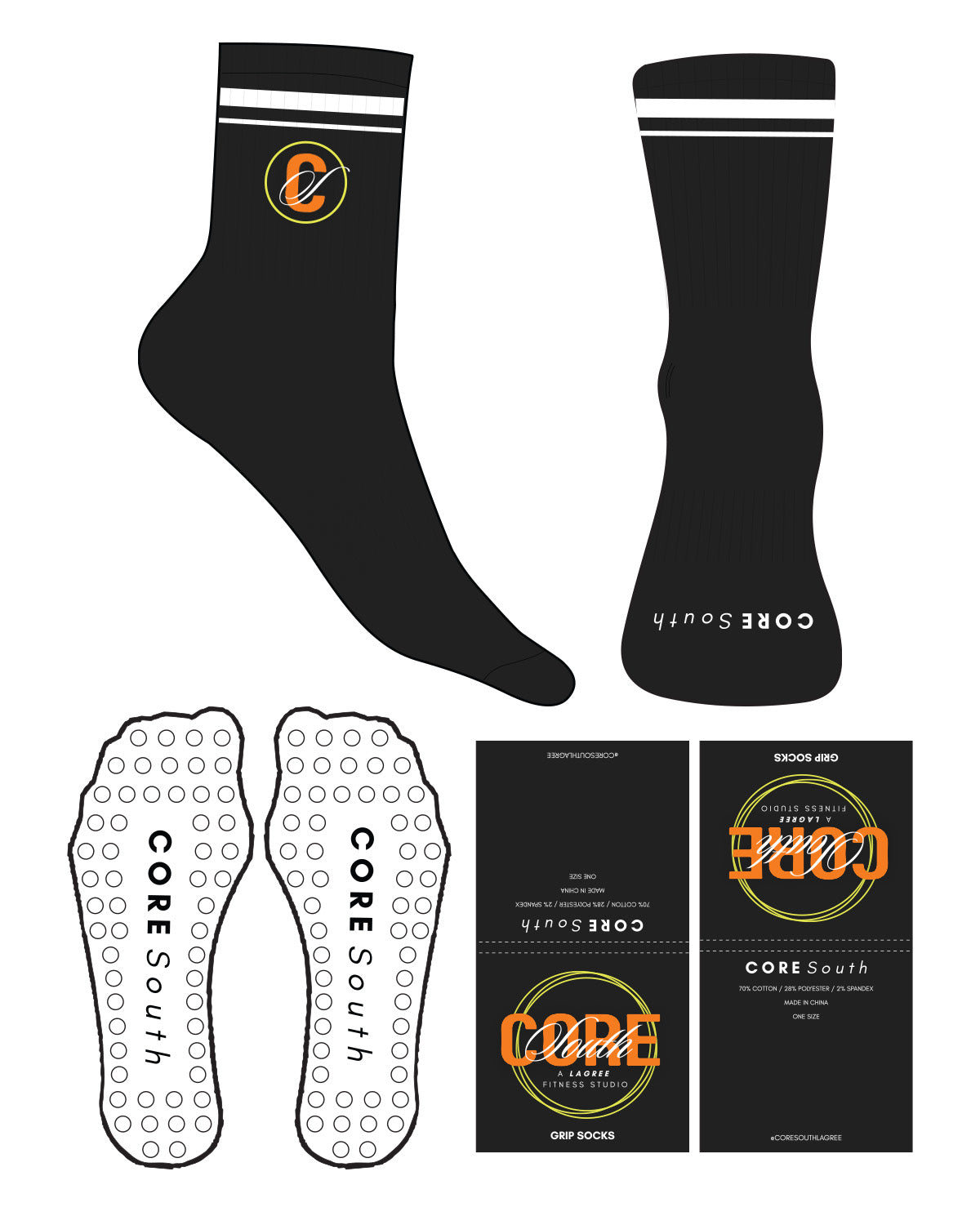 The Crew Sock - Black - Core South Lagree - 2 Strips - Front and Top Logo - Full Color - Circle Shape Grip - White