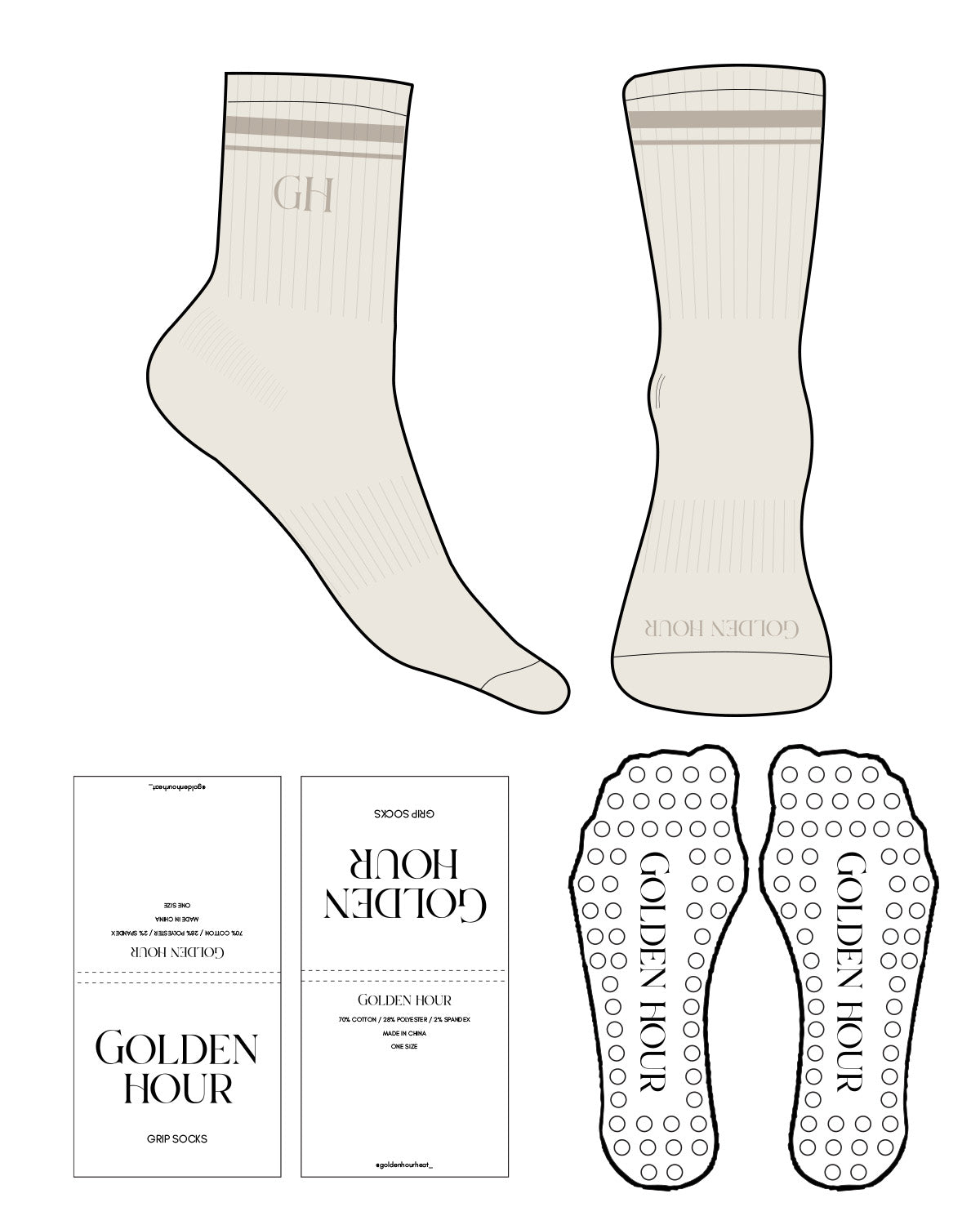 The 3/4 Crew Sock - Off White - Golden Hour Pilates - Top Dual Strip - "GH" Logo - Bottom Text - Tan - Circular Shape Grip - Transparent