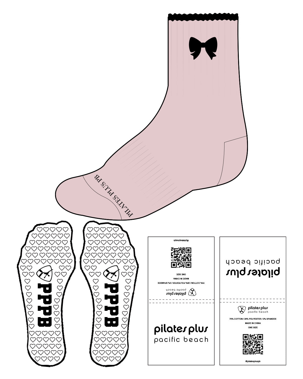 The 3/4 Crew Sock - Pale Pink - Pilates Plus PB - Front "Honor Pilates " & Top Ribbon - Heart Shape Grip - Black