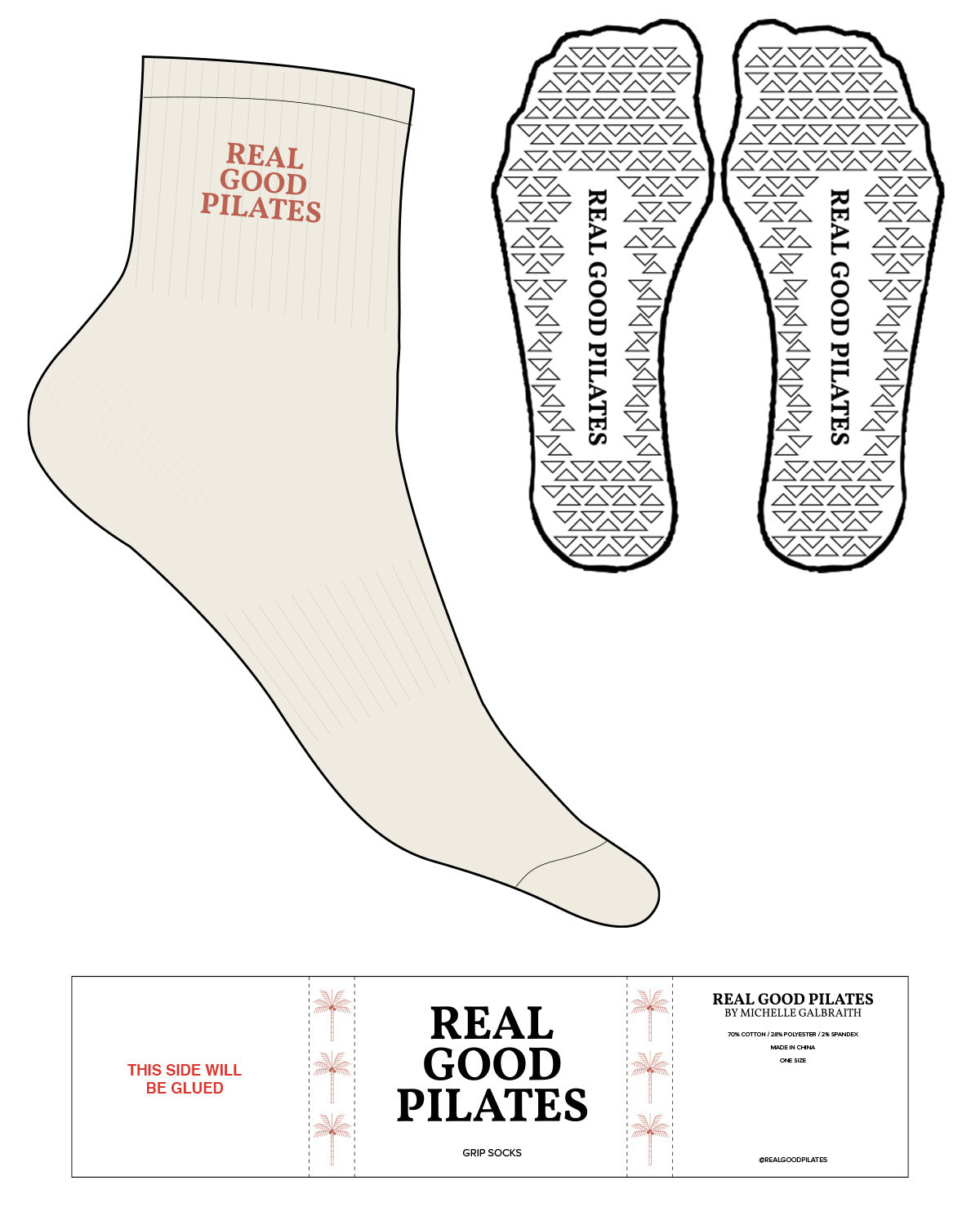 The 1/2 Crew Sock - Off White - Real Good Pilates - Top Logo - Terracotta (bc6352) - Triangle Shape Grip - Transparent