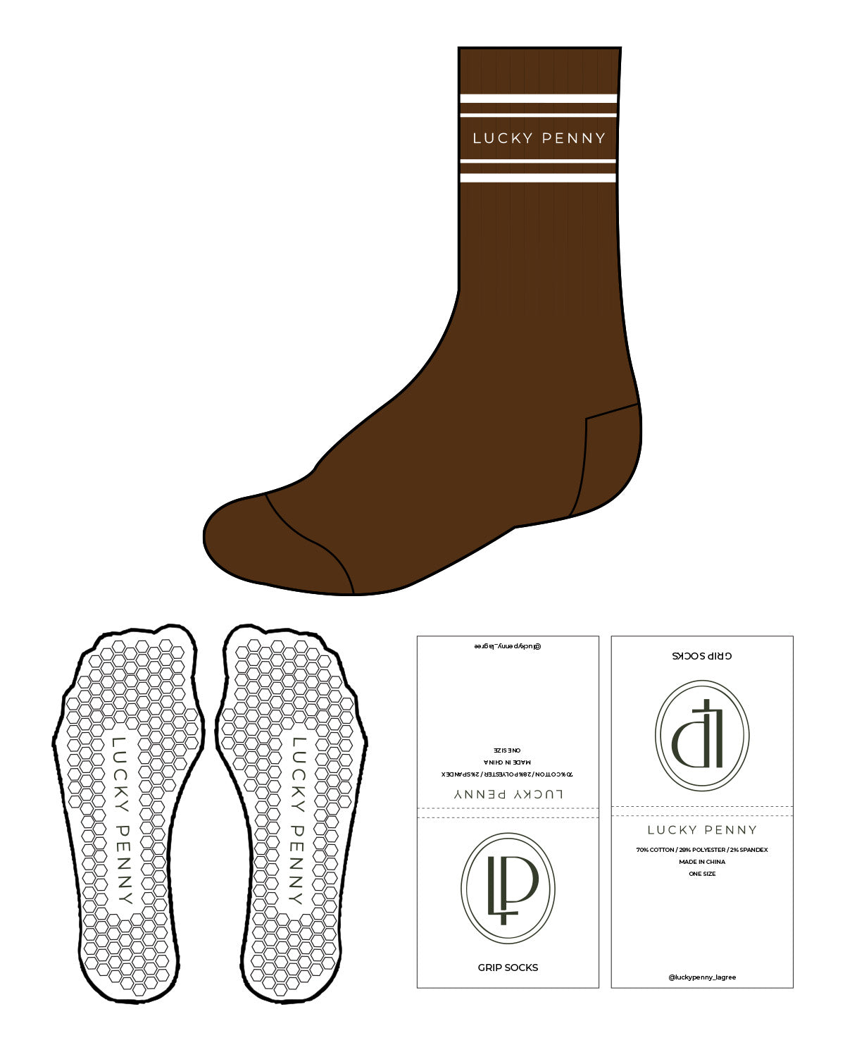 The Crew Sock - Brown - Lucky Penny - "4 Strips" - Top Logo - White - Hexagon Shape Grip - Transparent