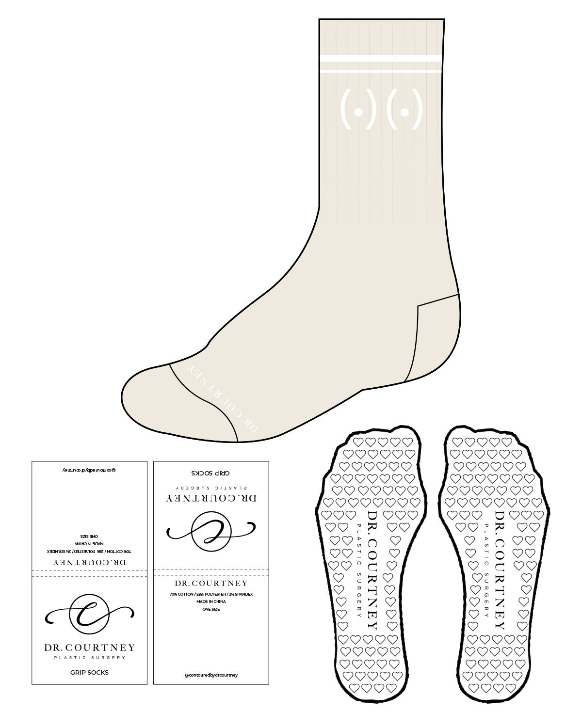 The Crew Sock - Off White - Dr. Courtney - 4 Lines - Center Text - White - Heart Shape Grip - White
