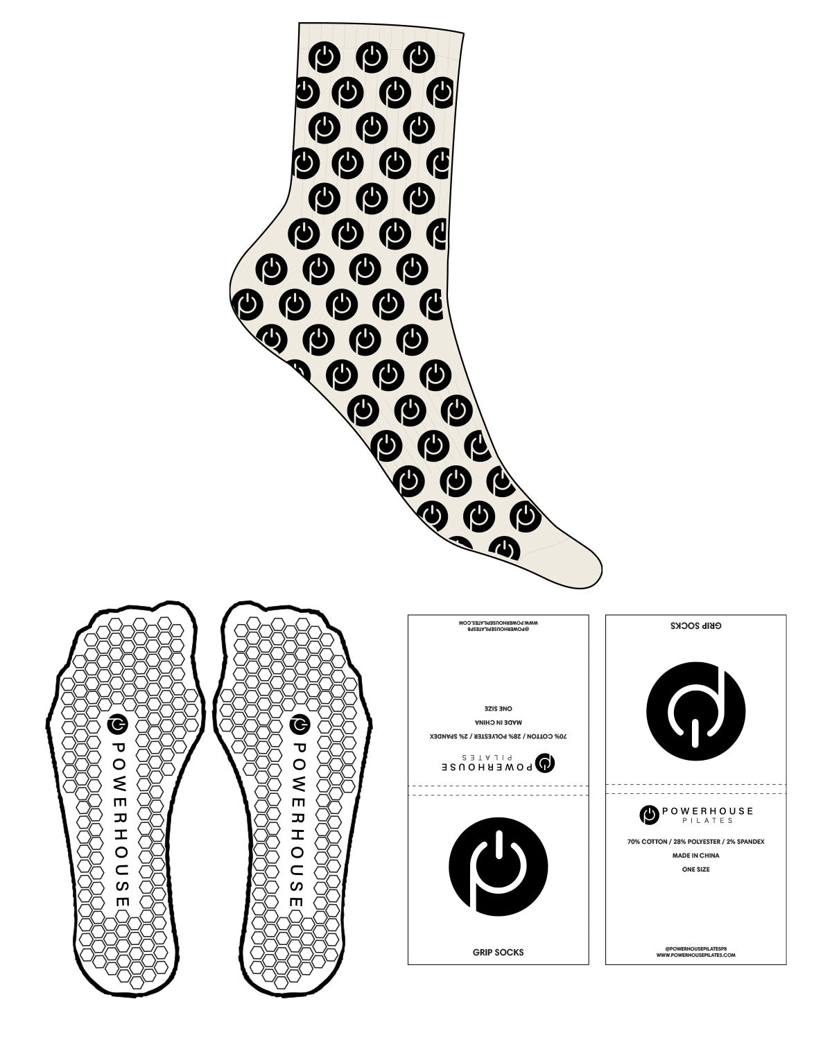 The 3/4 Crew Sock - Off White(L118) - Powerhouse Pilates - Full Pattern - Black - Hexagonal Shape Grip - Transparent