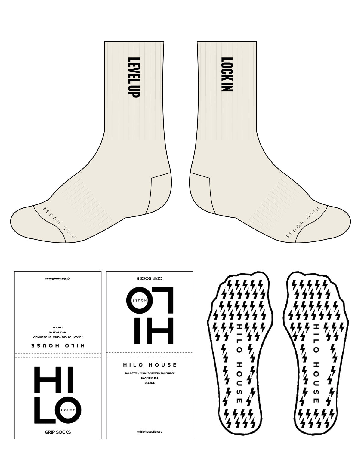 The Crew Sock - Off White - HiLo - Tip & Side - Transparent Lightning Bolt Grip - Black